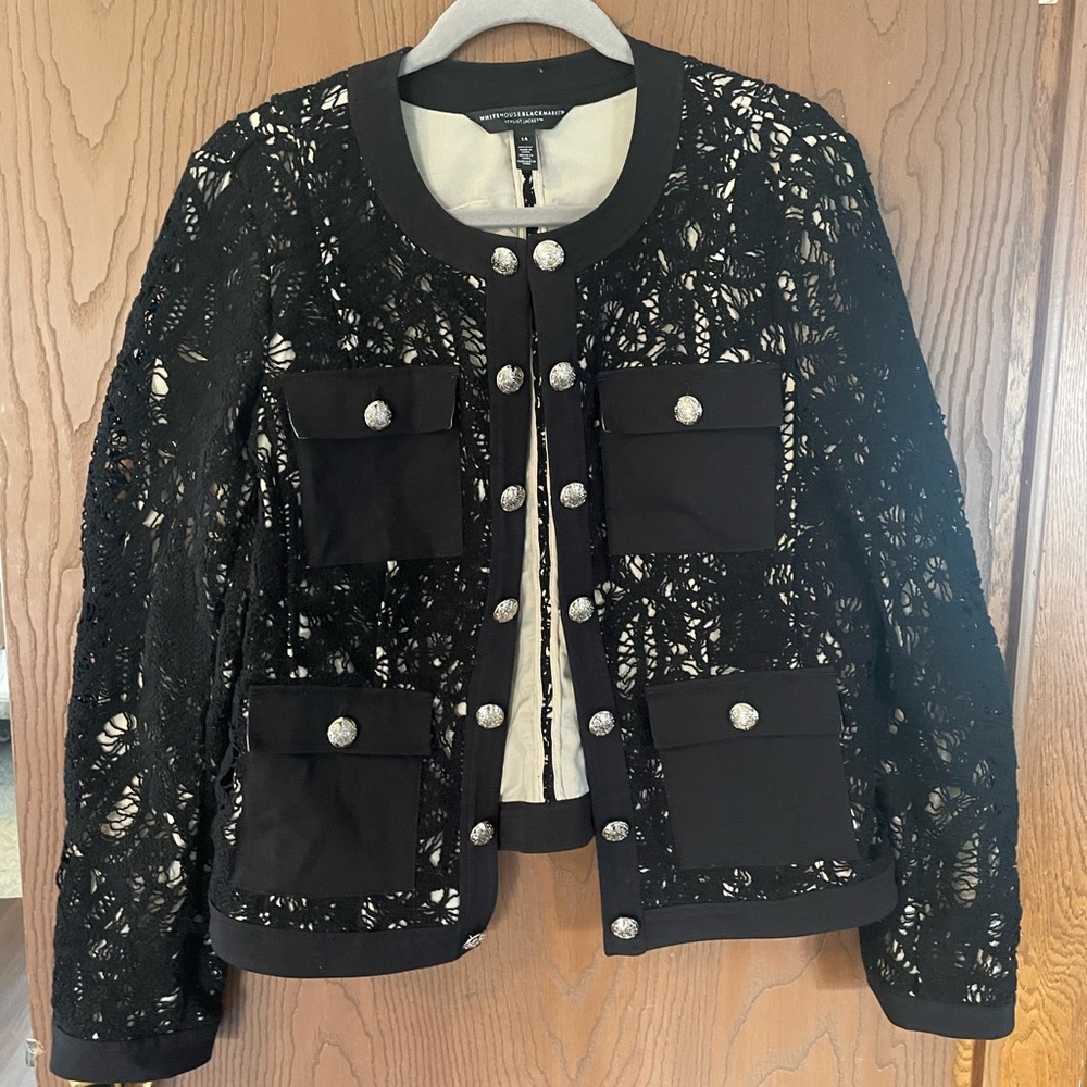 WHBM black and ecru crocheted stylist jacket, size 14